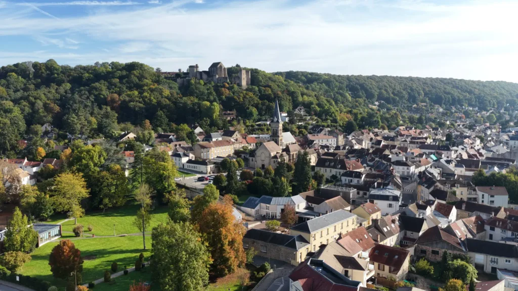 Vue panoramique de la ville de Chevreuse, son église et son château