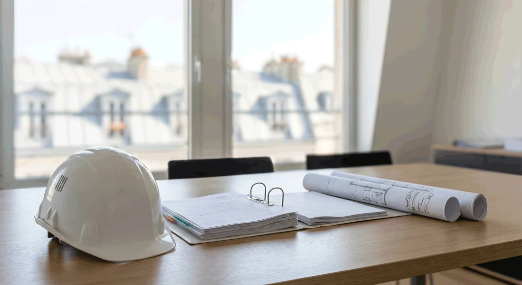 Casque de chantier, plans d'architecte et dossiers de diagnostic sur un bureau pour une expertise de toiture en copropriété.