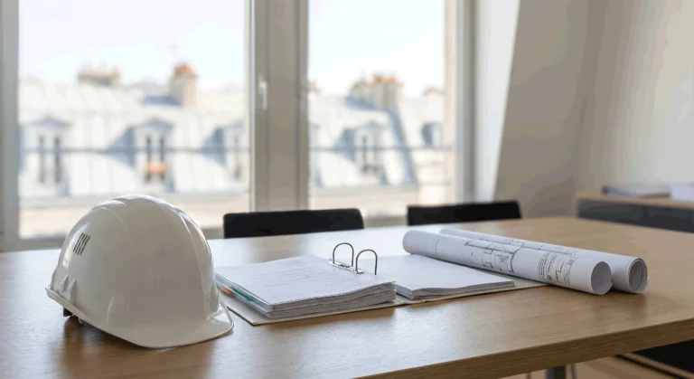 Casque de chantier, plans d'architecte et dossiers de diagnostic sur un bureau pour une expertise de toiture en copropriété.