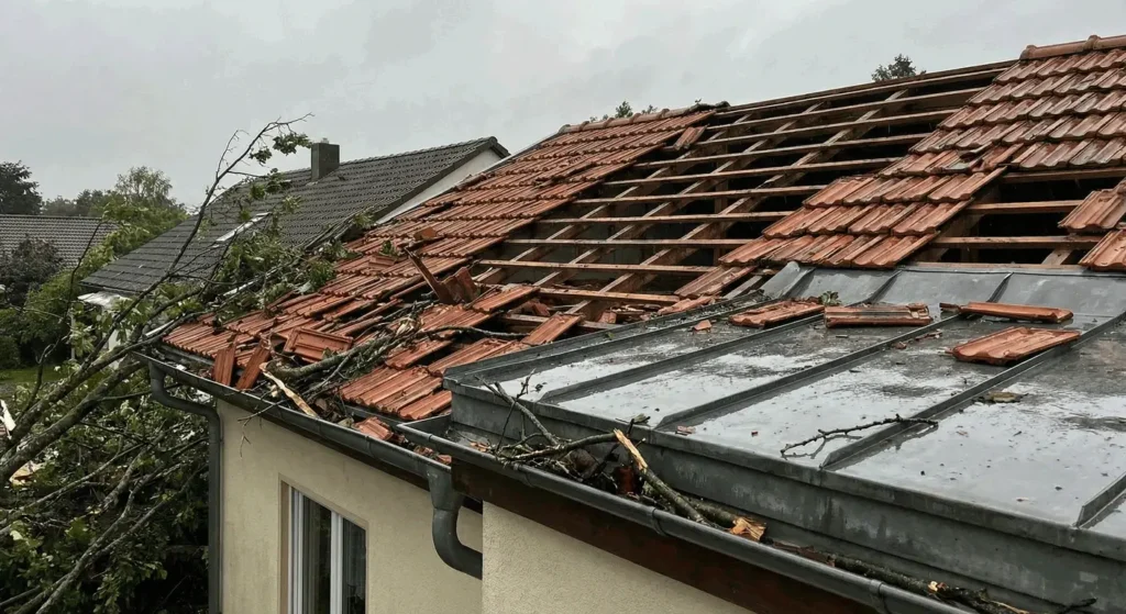 Toiture endommagée avec tuiles arrachées et branches d'arbres tombées après un sinistre météorologique.