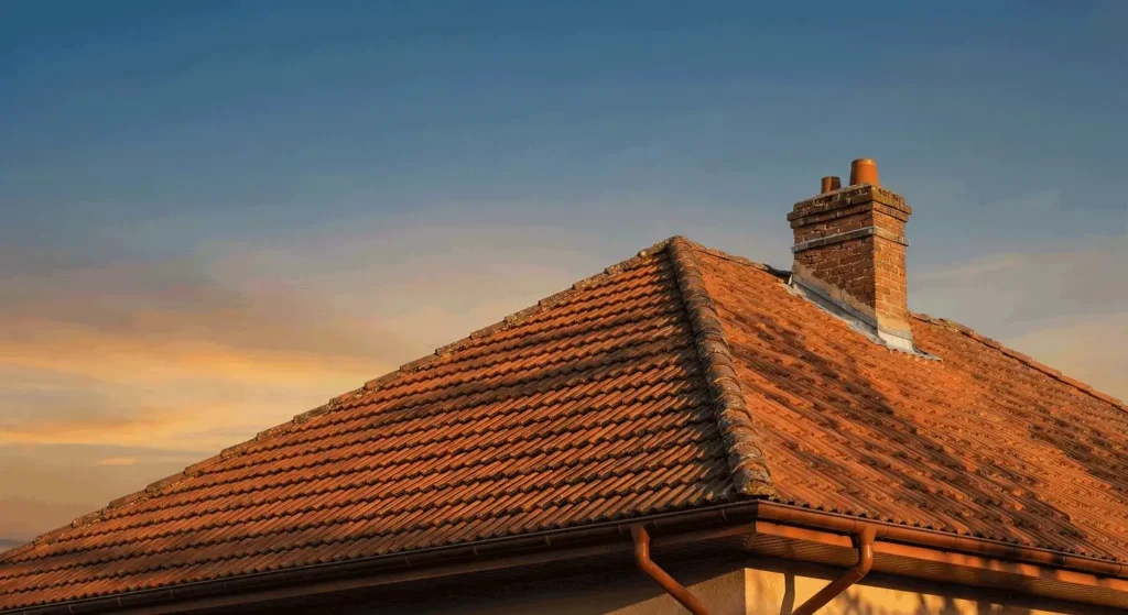 Vue rapprochée par drone d'une toiture en tuiles et d'une cheminée lors d'une inspection technique en Île-de-France.