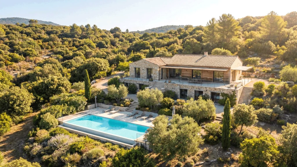 Vue aérienne oblique d'une villa d'architecte en pierre avec piscine à débordement dans un environnement boisé. Une vue pour le drone immobilier