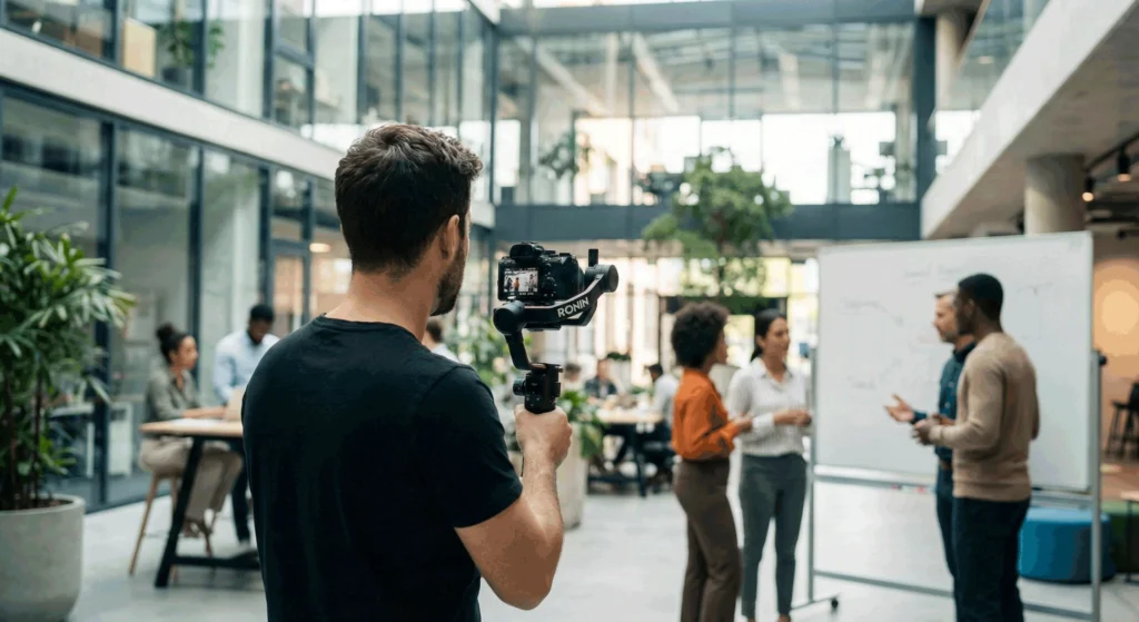 Cameraman utilisant un stabilisateur Ronin lors d'un tournage de vidéo d'entreprise B2B dans des bureaux modernes à Paris.