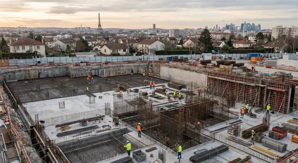 Vue panoramique d'un chantier de construction à Paris avec la Tour Eiffel et le quartier de la Défense en arrière-plan.
