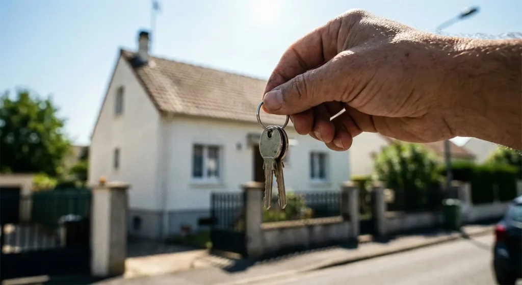 Main tenant des clés de maison devant une propriété floue, symbolisant une transaction immobilière réussie.