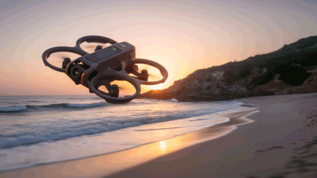 un DJI avata en vol au bord d'une plage en couché de soleil