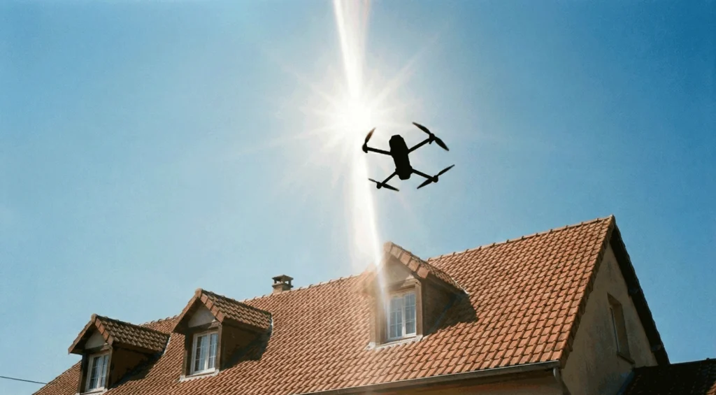 un drone réalise une inspection sur une toiture d'une maison