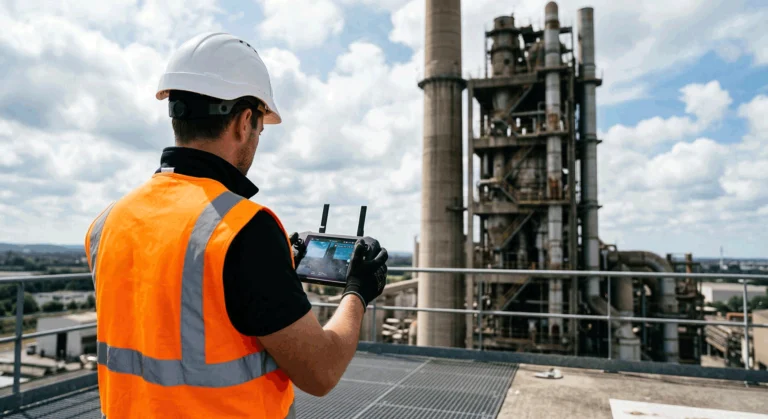 un télépilote au premier plan réalise une inspection par drone sur un ouvrage industriel