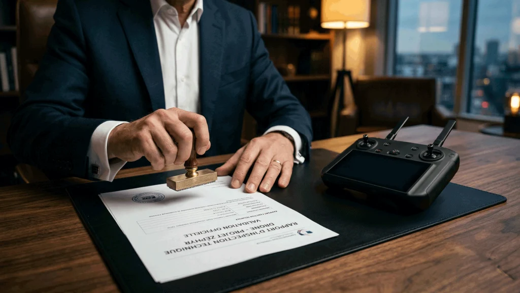 Sapiteur drone : Comment sécuriser votre rapport d'instruction 1 Un expert de justice en bâtiment tamponne un document sur son bureau, une radiocommande de drone est posé à coté de lui