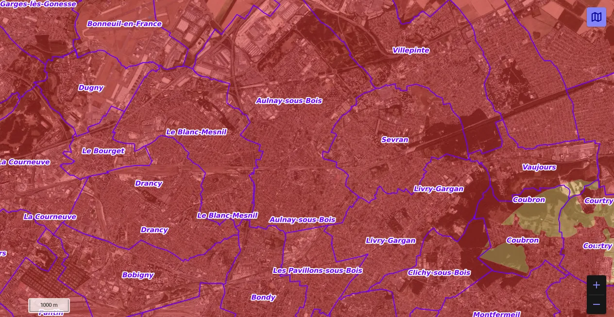Carte de restriction drone du site cartes gouv pour la ville de Aulnay-sous-Bois