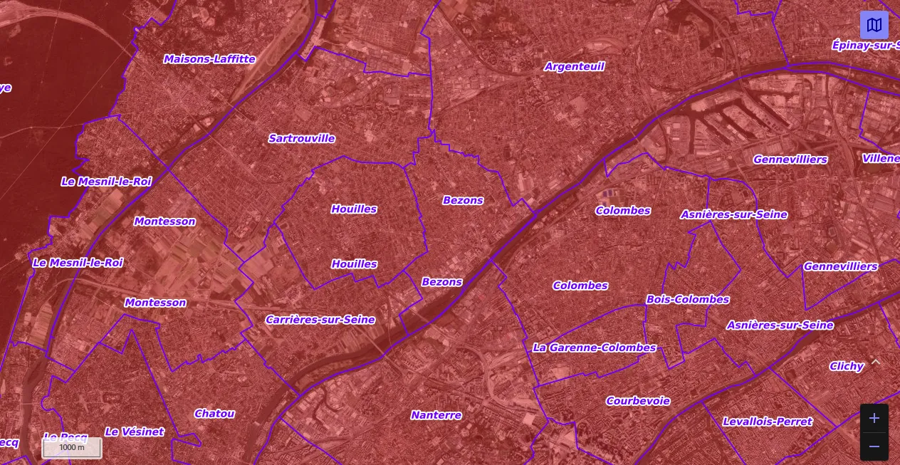 Carte de restriction drone du site cartes gouv pour la ville de Bezons
