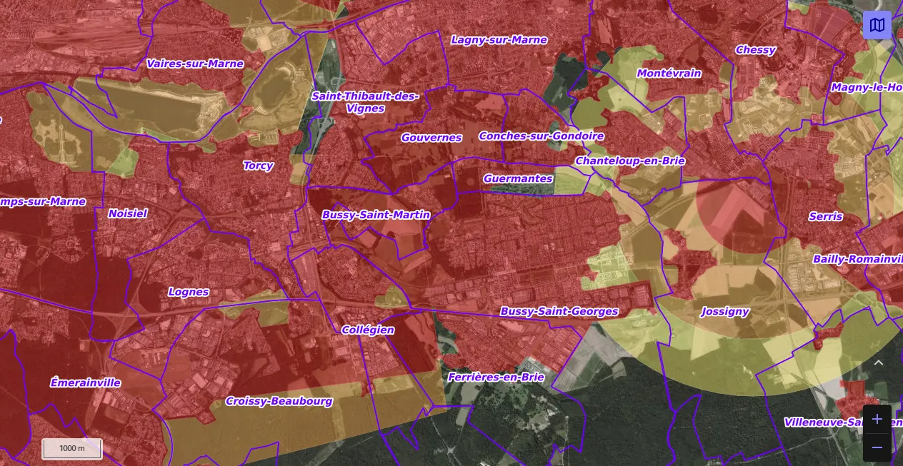 Carte de restriction drone du site cartes gouv pour la ville de Bussy-Saint-Georges