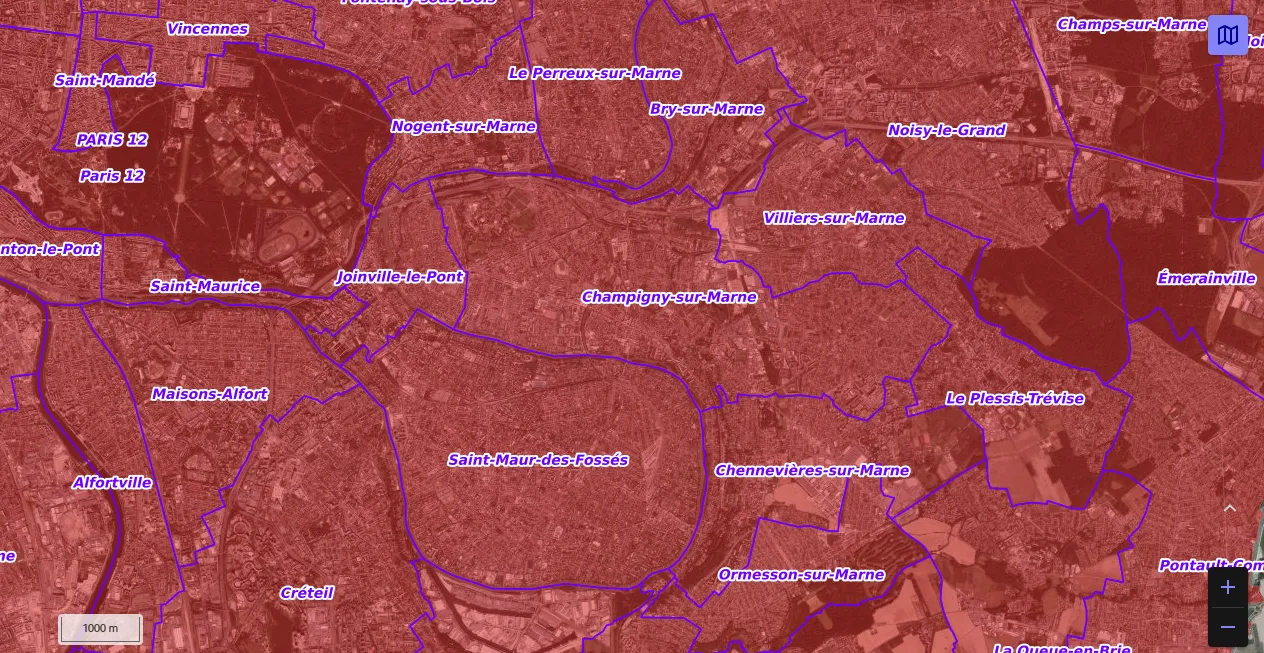 Carte de restriction drone du site cartes gouv pour la ville de Champigny-sur-Marne