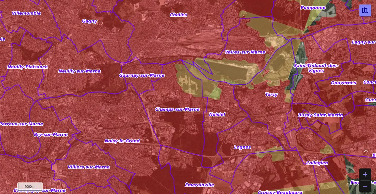 Carte de restriction drone du site cartes gouv pour la ville de Champs-sur-Marne