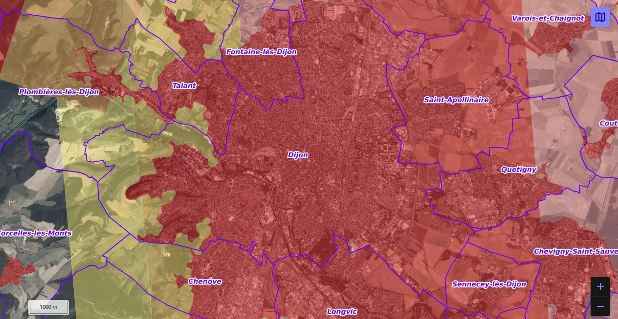 Carte de restriction drone du site cartes gouv pour la ville de Dijon