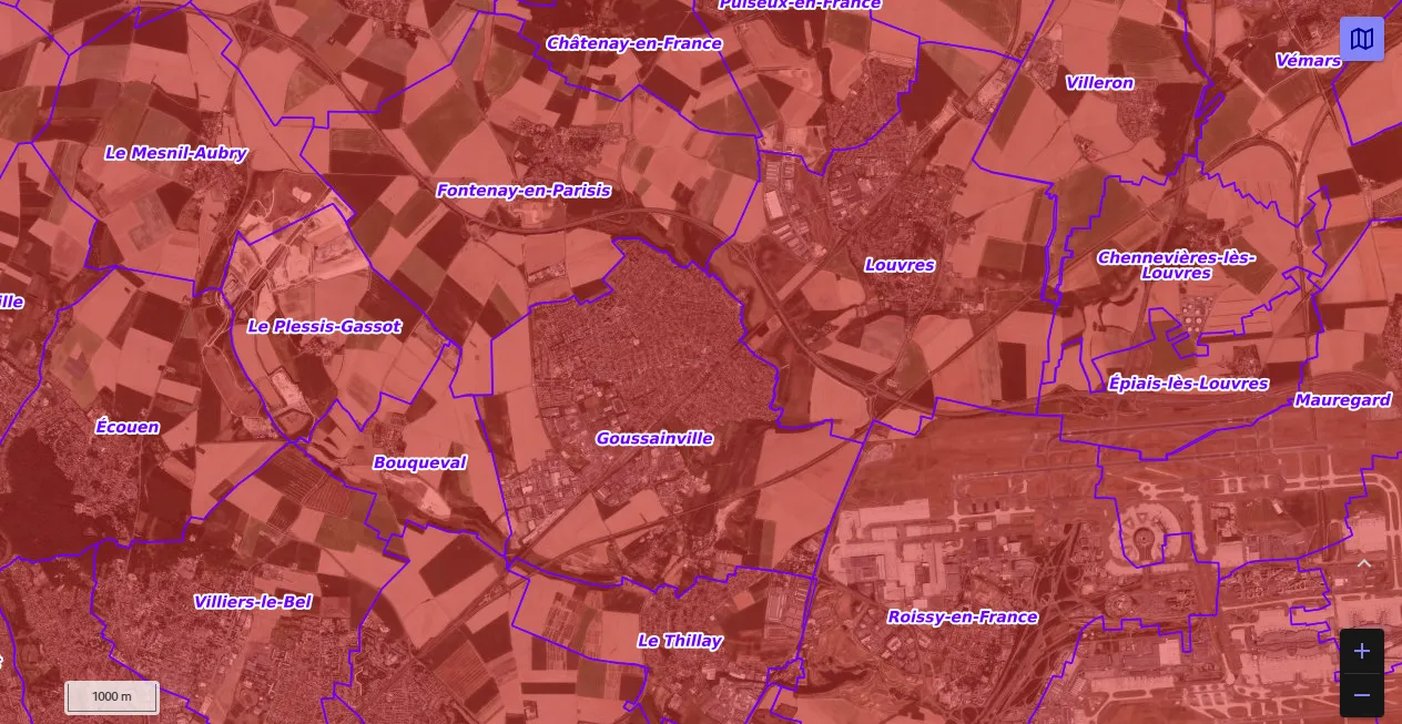 Carte de restriction drone du site cartes gouv pour la ville de Goussainville