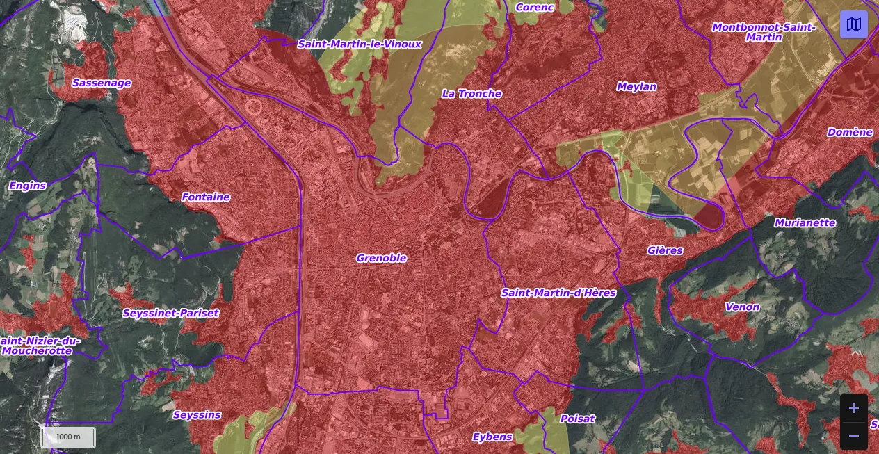 Carte de restriction drone du site cartes gouv pour la ville de Grenoble