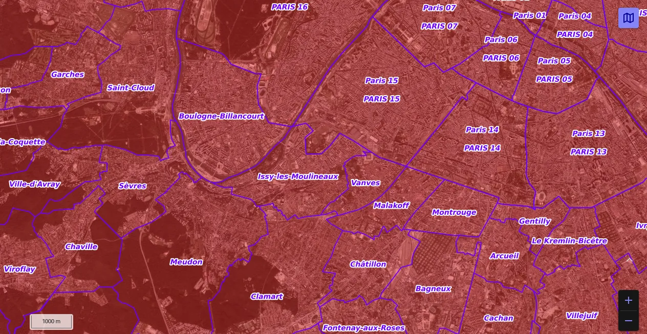 Carte de restriction drone du site cartes gouv pour la ville de Issy-les-Moulineaux