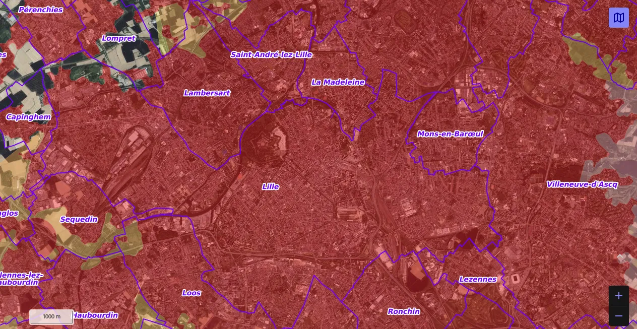 Carte de restriction drone du site cartes gouv pour la ville de Lille