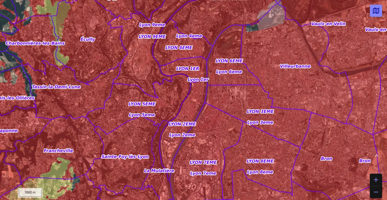 Carte de restriction drone du site cartes gouv pour la ville de Lyon