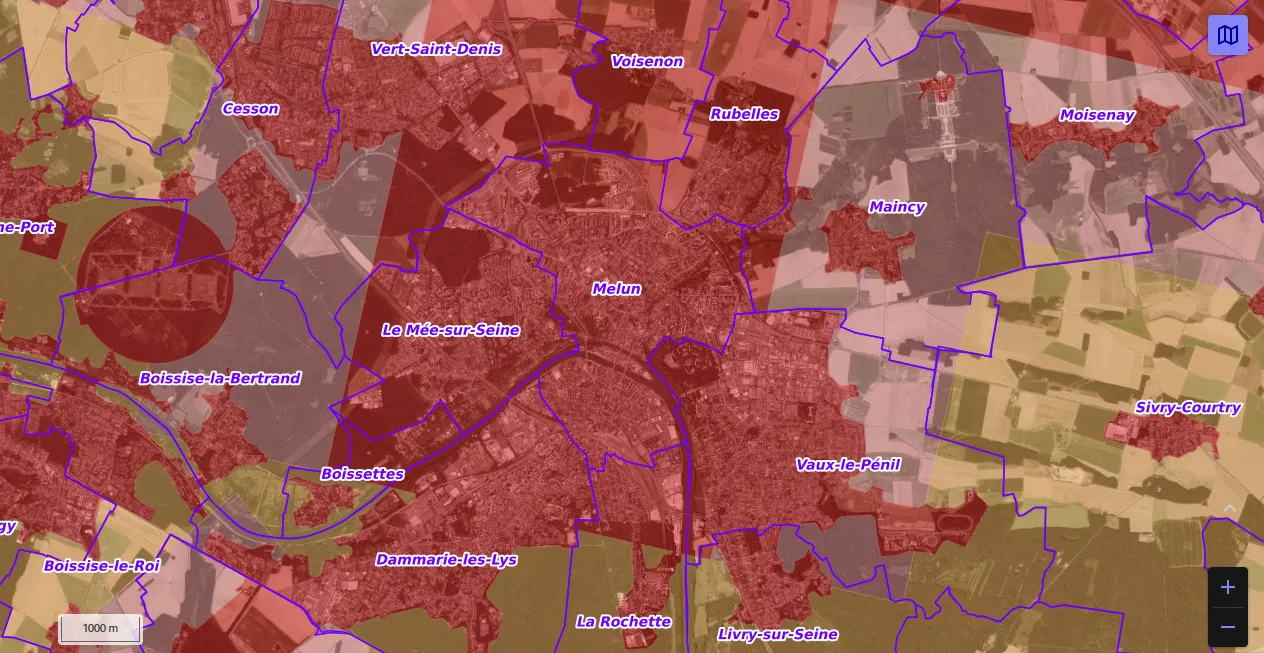Carte de restriction drone du site cartes gouv pour la ville de Melun
