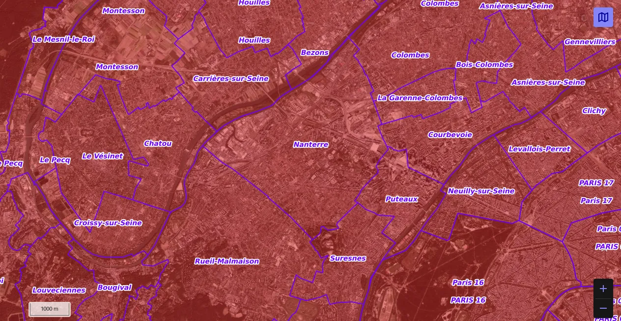 Carte de restriction drone du site cartes gouv pour la ville de Nanterre