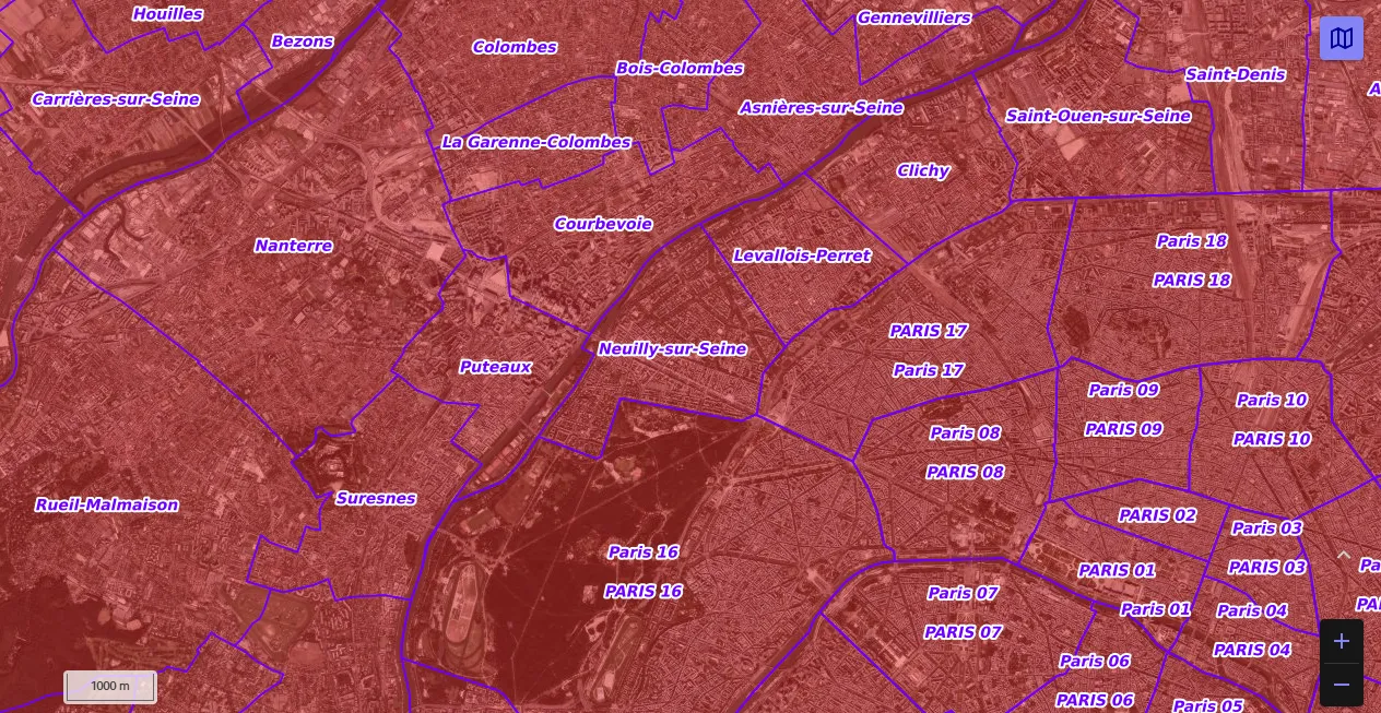 Carte de restriction drone du site cartes gouv pour la ville de Neuilly-sur-Seine