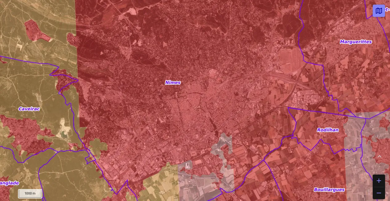 Carte de restriction drone du site cartes gouv pour la ville de Nîmes