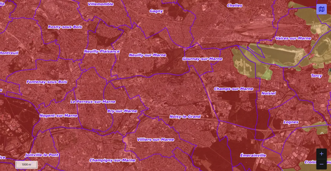 Carte de restriction drone du site cartes gouv pour la ville de Noisy-le-Grand