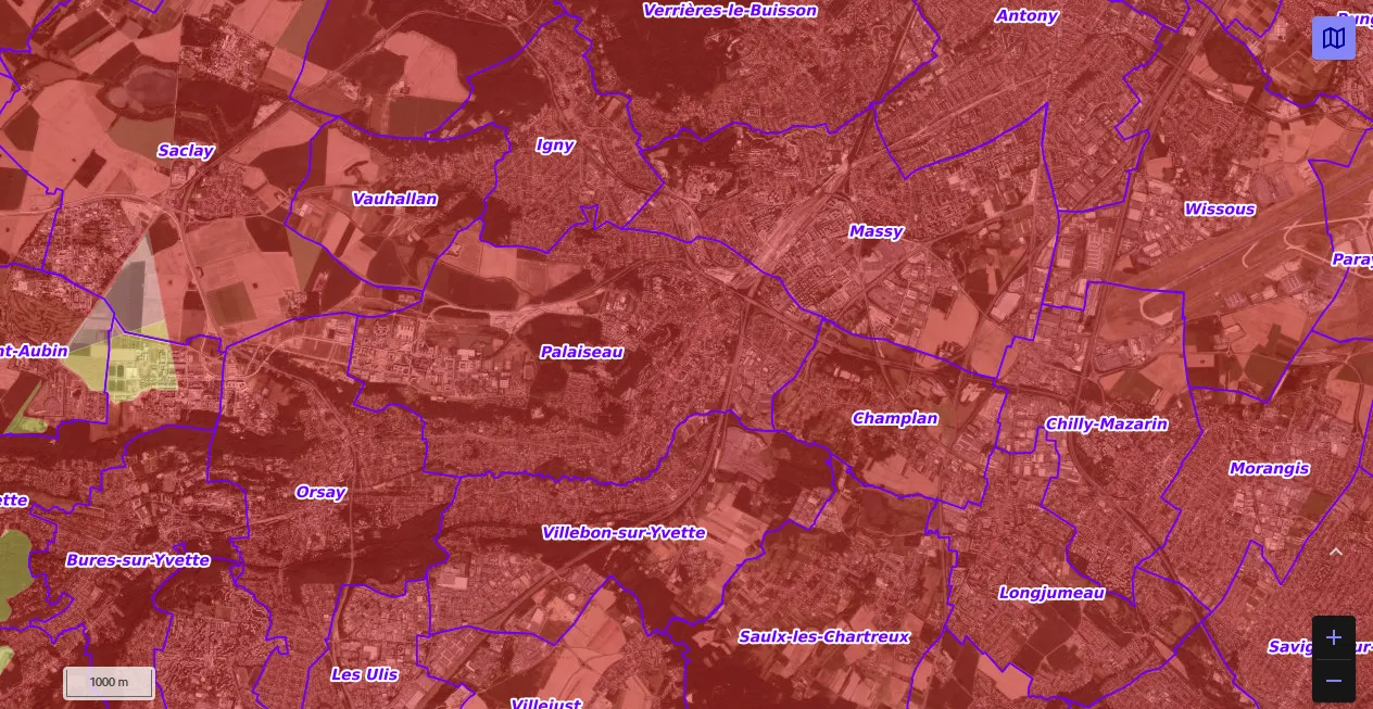 Carte de restriction drone du site cartes gouv pour la ville de Palaiseau