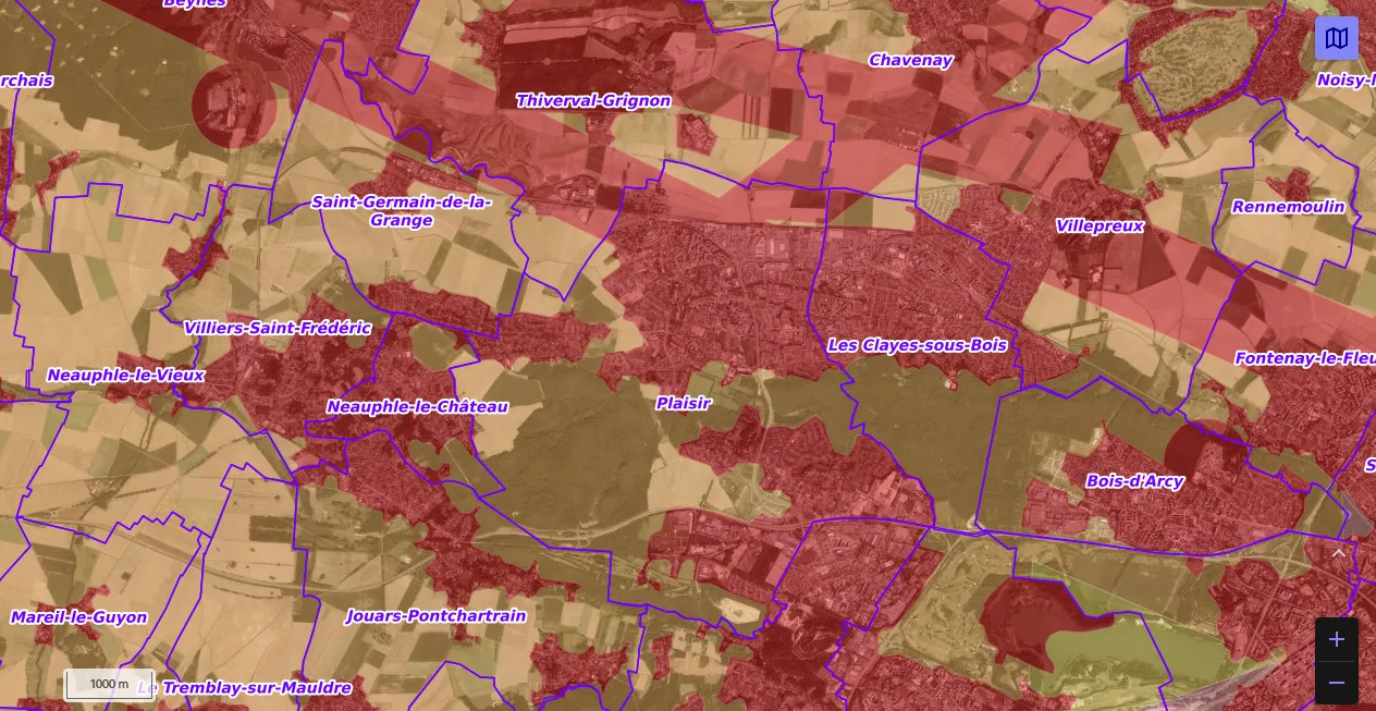 Carte de restriction drone du site cartes gouv pour la ville de Plaisir