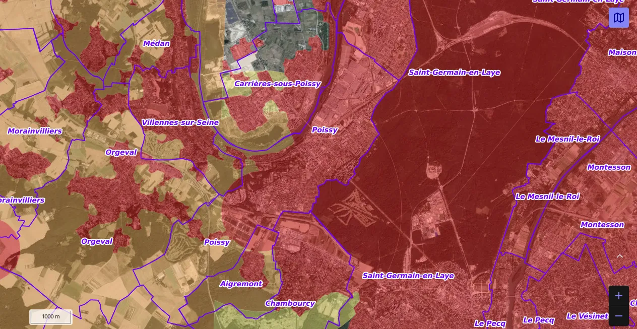 Carte de restriction drone du site cartes gouv pour la ville de Poissy