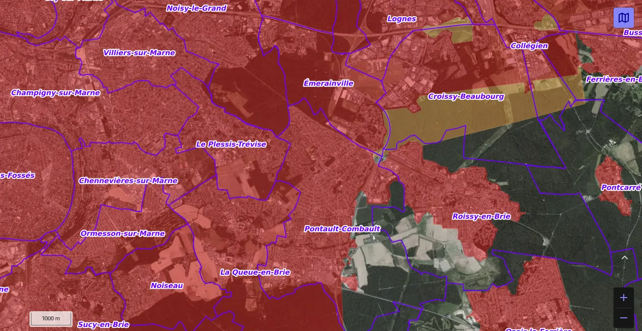 Carte de restriction drone du site cartes gouv pour la ville de Pontault-Combault