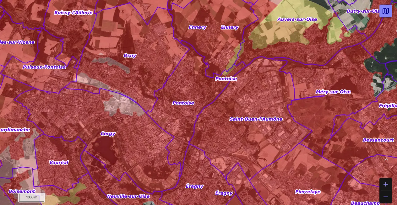 Carte de restriction drone du site cartes gouv pour la ville de Pontoise