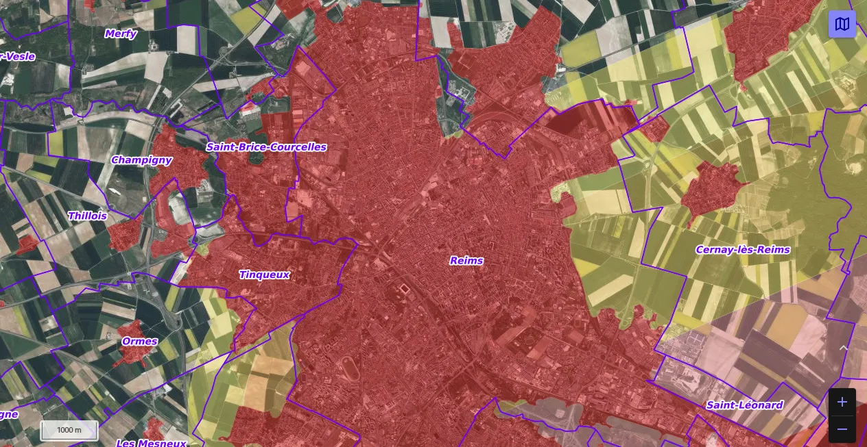 Carte de restriction drone du site cartes gouv pour la ville de Reims