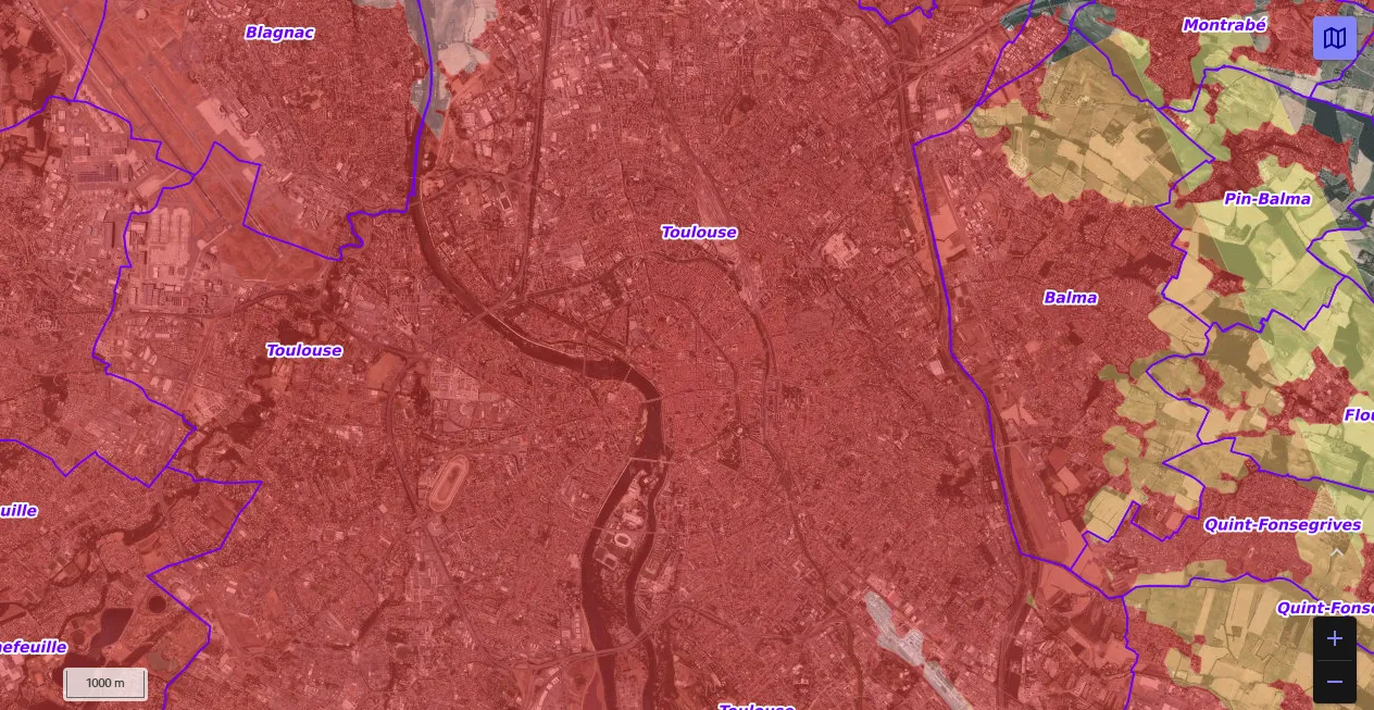 Carte de restriction drone du site cartes gouv pour la ville de Toulouse
