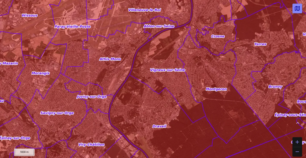 Carte de restriction drone du site cartes gouv pour la ville de Vigneux-sur-Seine