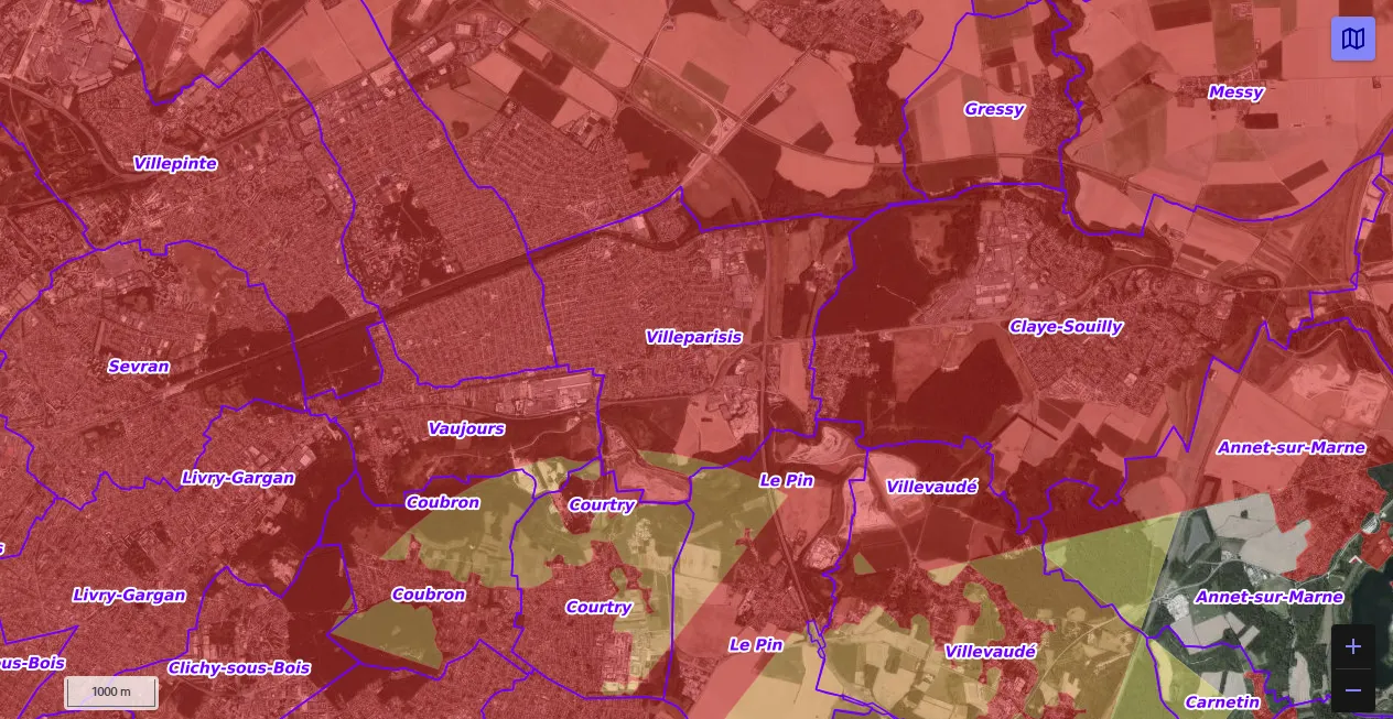 Carte de restriction drone du site cartes gouv pour la ville de Villeparisis