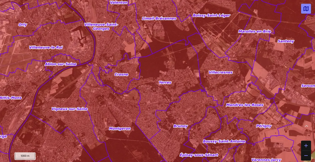 Carte de restriction drone du site cartes gouv pour la ville de Yerres