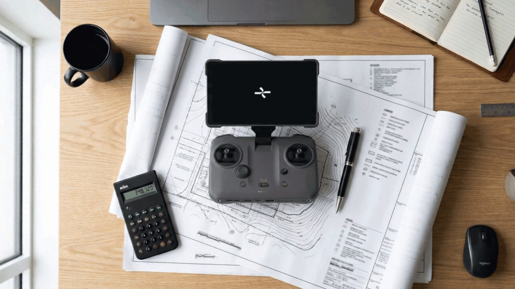 une radiocommande de drone sur un bureau d'un architecte