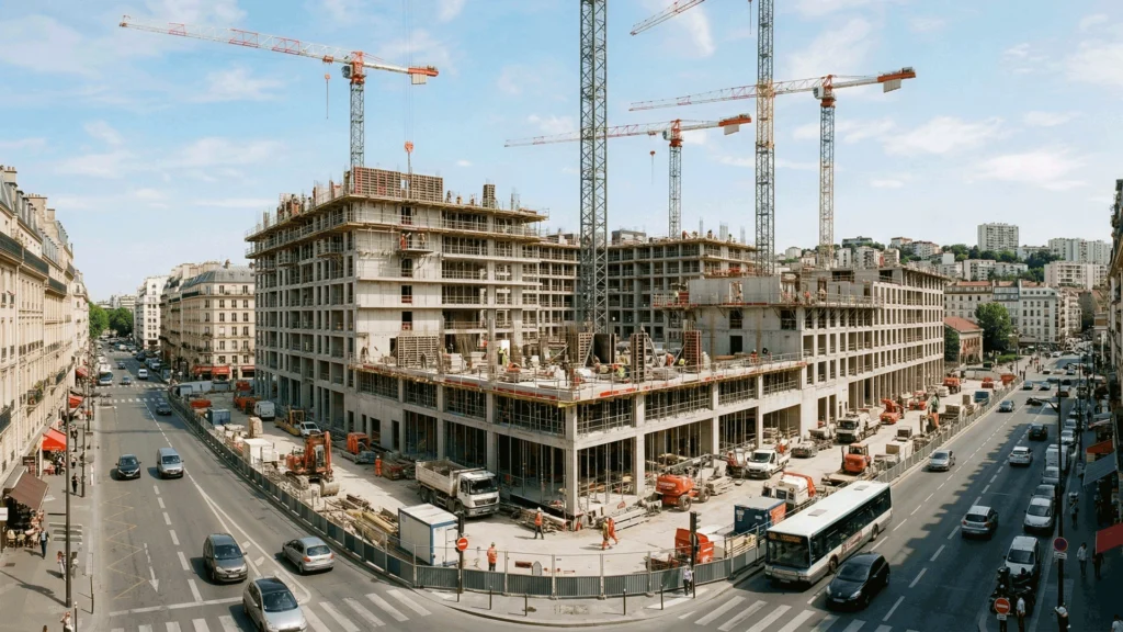 vue aérienne d'un chantier de construction d'un immeuble en pleine ville