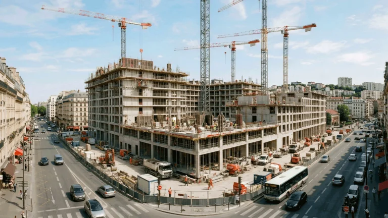 vue aérienne d'un chantier de construction d'un immeuble en pleine ville